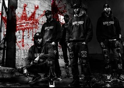 Born Hood campaign: a group in black streetwear beside crown artwork