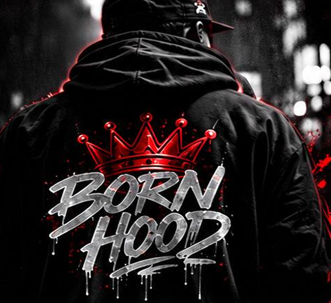 Born Hood crown artwork on the back of a black hoodie